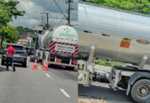 VÍDEO: Motocicleta fica presa sob caminhão de combustível após acidente na avenida Ephigênio Salles, em Manaus