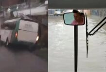 VÍDEOS: Micro-ônibus tomba após sair da pista durante forte chuva no bairro Grande Vitória